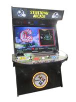 1130 4-player, yellow buttons, blue buttons, red buttons, white buttons, lighted, white trackball, black trim, steeltown arcade, steelers